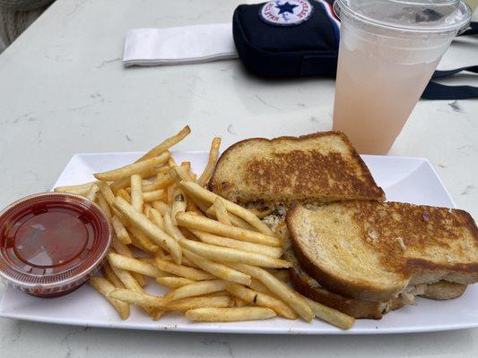 Tuna Melt and fries with a Watermelon lemonade