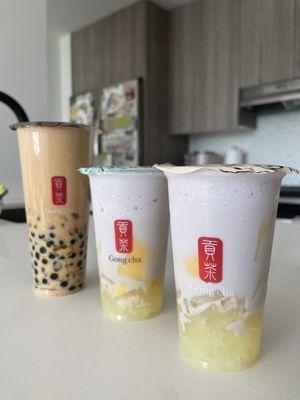 Taro Milk Slush with pudding and coconut jelly x2 and Mango Milk Tea with black pearls and crystal boba