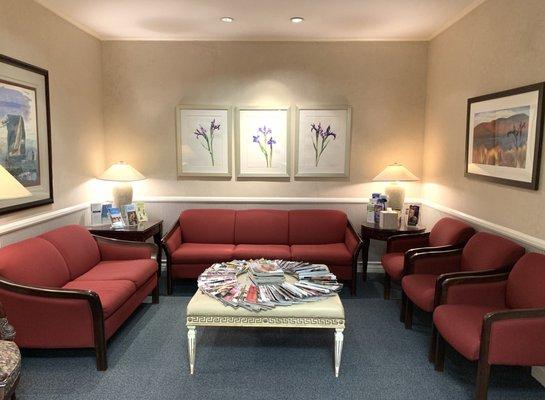 The comfortable patient waiting room with  our vast collection of magazines.