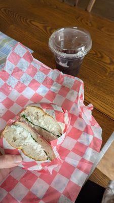 Zataar Bagel (herbs & spices) w/ vegan cream cheese. They were out of micro greens, so they kindly added a few pieces of basil for me!