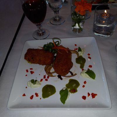 BENGALI MACHER CHOP Cod & Potato Croquettes, Lachha Pyaaz onion salad & fresh, spicy mint chutney.