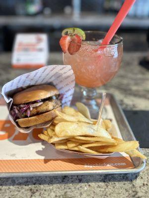 Shaq Attach sandwich, fries, and margarita.