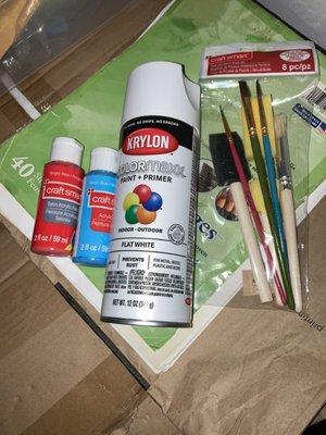 Acrylic paint, Spray paint, and multi-paint brushes.