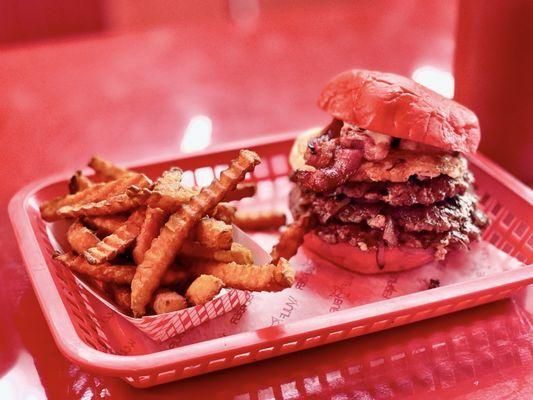 Wulf Burger Special Combo + Extra patty added peppers, bacon and an egg. Sweet potato fries.