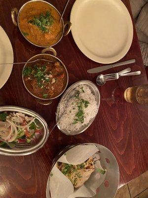 Chicken tikka masala, lamb curry, naan, basmati rice