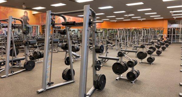 Smith machine, dumbbells, bench press, cables