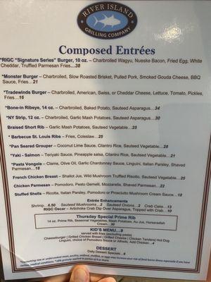 The entree menu. Most up to date menu photo with pricing