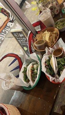 2 Chorizo Taco and 2 Bistec Taco and Agua de Horchata. Guacamole & Chips