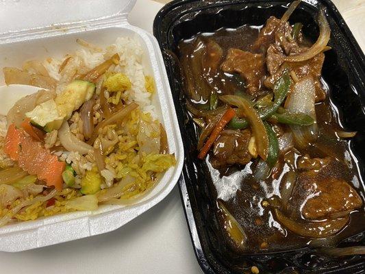 White rice with a bit of Curry fried Rice. The dark container is Mongolian Deluxe.