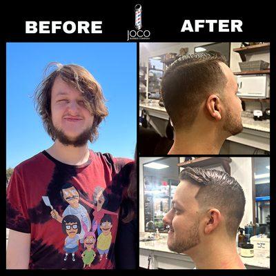 Awesome transformation after his cut with Tracy at Joco Barber Shop