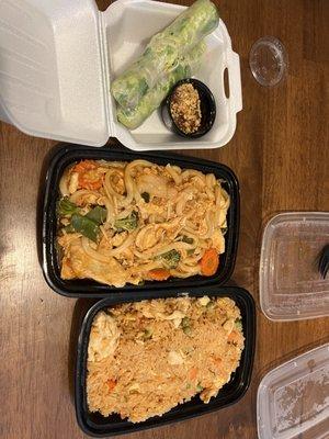 Fried rice, udon noodle and summer rolls