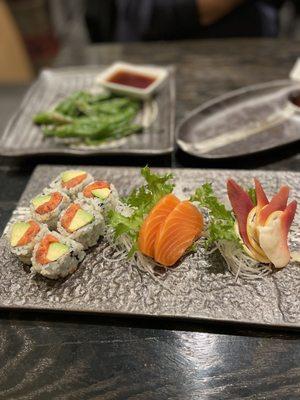 Spicy Tuna Avocado Roll Salmon Sashimi Red Clam Sashimi