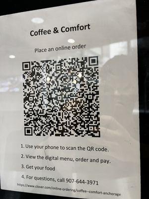 QR code and phone number to order ahead. When using the QR code, you can pay online through card or apple pay.