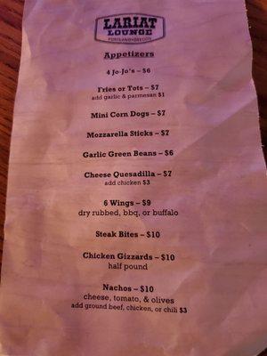 Appetizer menu as of January 2023