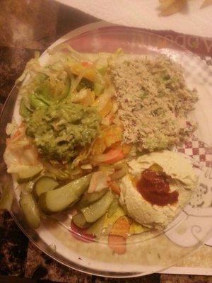 Vegetable over rice with homemade french fries , hummus (chick peas)