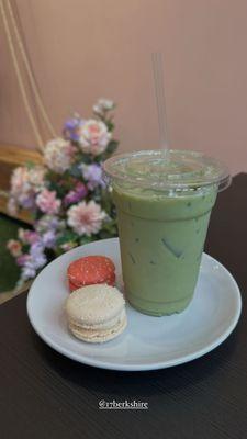 Orange Blossom matcha + wedding cake and red velvet macarons