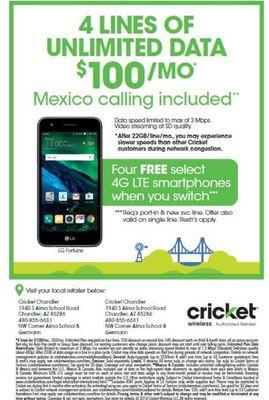 4 Lines of Unlimited Data for $100 / Month including Canada and Mexico inclusive of all Taxes.