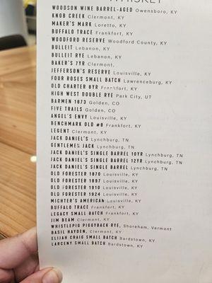 Whiskey/ bourbon list