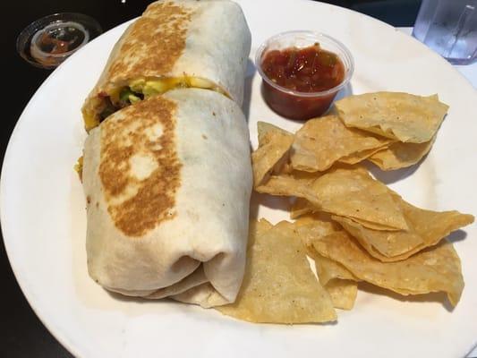 Grandma's burrito comes with fresh chips and chunky salsa.