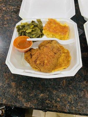 Pork chop, greens, Mac n chz & hot water cornbread