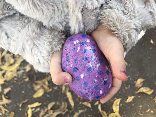 Kindness Rocks" Take one leave one rock garden. My toddler chose this beautiful purple one that reminds me of an Easter Egg!