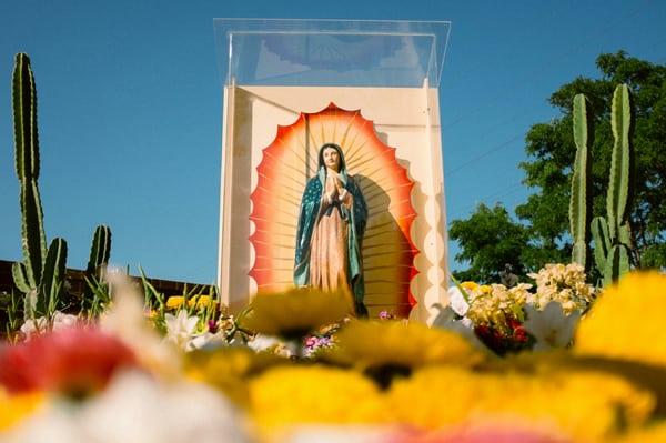 Mama Mary floating on a bed of flowers.