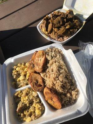 curry goat on the right from this restaurant (food on left from different restaurant)