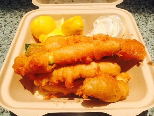 Fish and zucchini plate, yum! Served with lemon slices, ranch and tartar sauce.