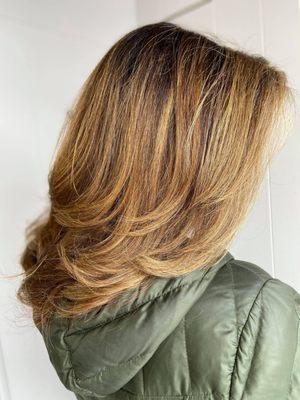 Gorgeous highlights with grey root coverage and blowout