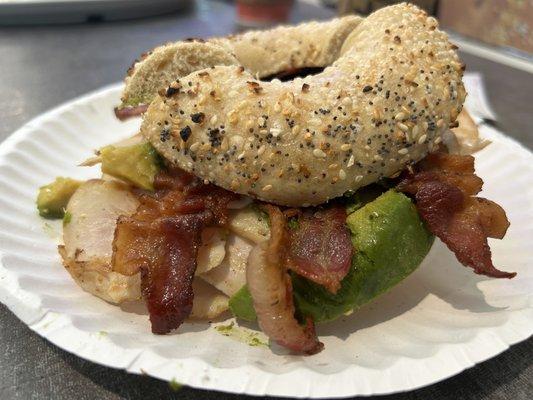 Turkey, bacon, avocado, egg, and cheese on an everything toasted bagel.  That's living! This may be one of the best bagel sandwiches ever!