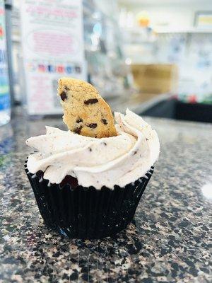 Red velvet chocolate chip cookie gourmet cupcake