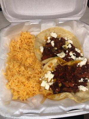 Chorizo tacos with rice