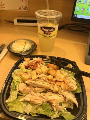 Cesar Salad w chicken. Side of spinach casserole & lemonade