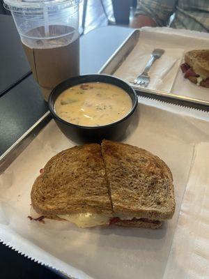 Reuben on marble rye and creamy tortellini soup "Christmas soup"