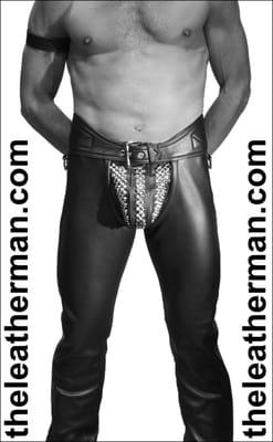 The Leather Man's deluxe chaps with studded codpiece jock unit.