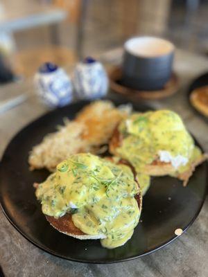 Carnitas Benedict, cilantro hollandaise, verdolagas (purslane garnish), super fresh pork carnitas with side of buttery hash browns.