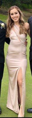 The straps were connected to form a slit in the front top of the dress. The left leg slit was closed more and the dress length was hemmed.