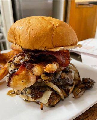 Loaded Burger. Cheese, bacon, sauteed mushroom & onions