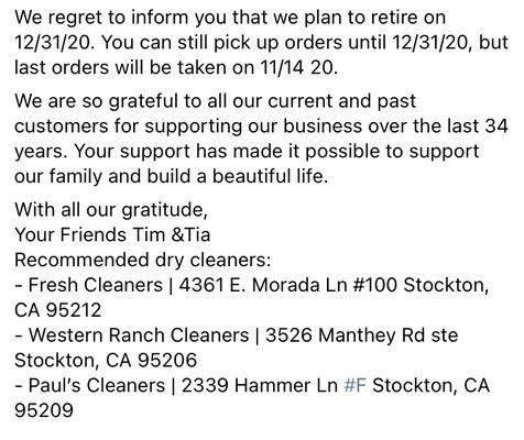 We are retiring at the end of the year! Please see the image for additional details. Thank you Stockton for a great 34 years!