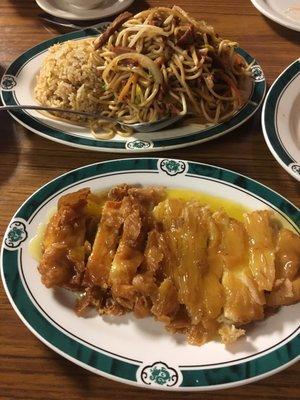 Lemon Chicken with Pork Fried Rice and Barbecue Pork Lo Mein