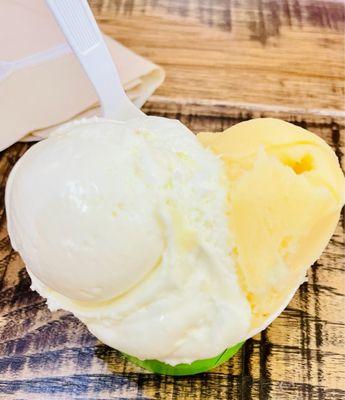 Vanilla ice cream and mango sorbet