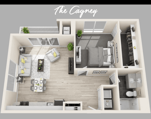 The Cagney floorplan features 1 bedroom and 1 bathroom.