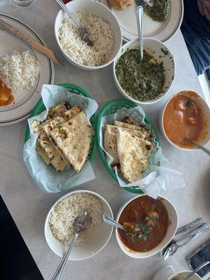 Garlic Naan, Chicken Tikka, Shrimp Vindaloo, Saag paneer