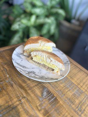 Sausage, Egg and Cheese on a plain bagel