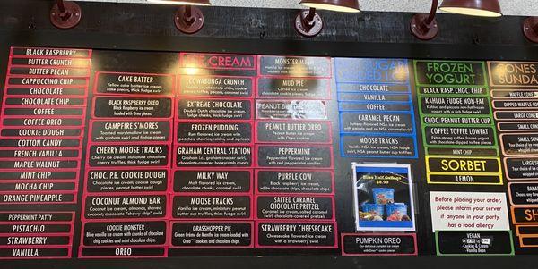 Ice cream menu