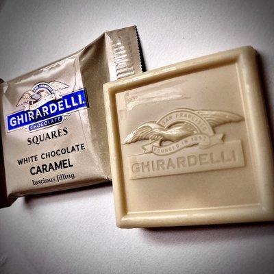 Ghirardelli White Chocolate Caramel Squares, just my style. $1.99 for 5 oz bag. Good quality, so nice.