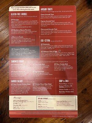 Gluten free menu