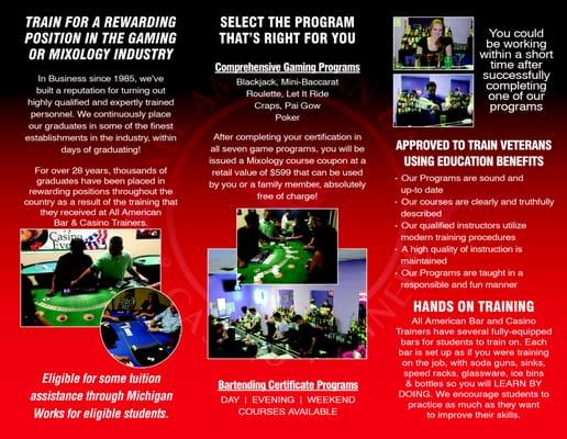 Brochure-inside of All American Bar & Casino Trainers based out of Michigan