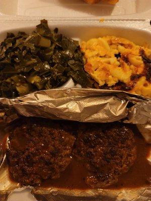 Hamburger steak, Mac and cheese and collards