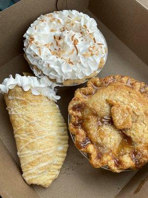 Sour cream lemon hand pie, coconut cream pie and caramel apple pie.